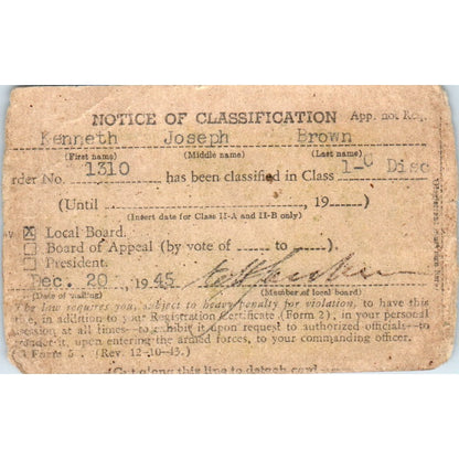1945 WWII Selective Service Card Kenneth Joseph Brown St. Louis County MN PX2