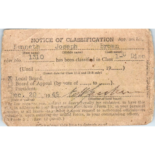 1945 WWII Selective Service Card Kenneth Joseph Brown St. Louis County MN PX2