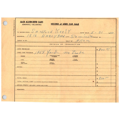 1962 Jack Allen Used Cars Seminole Oklahoma Record of Used Car Sale Form AD1