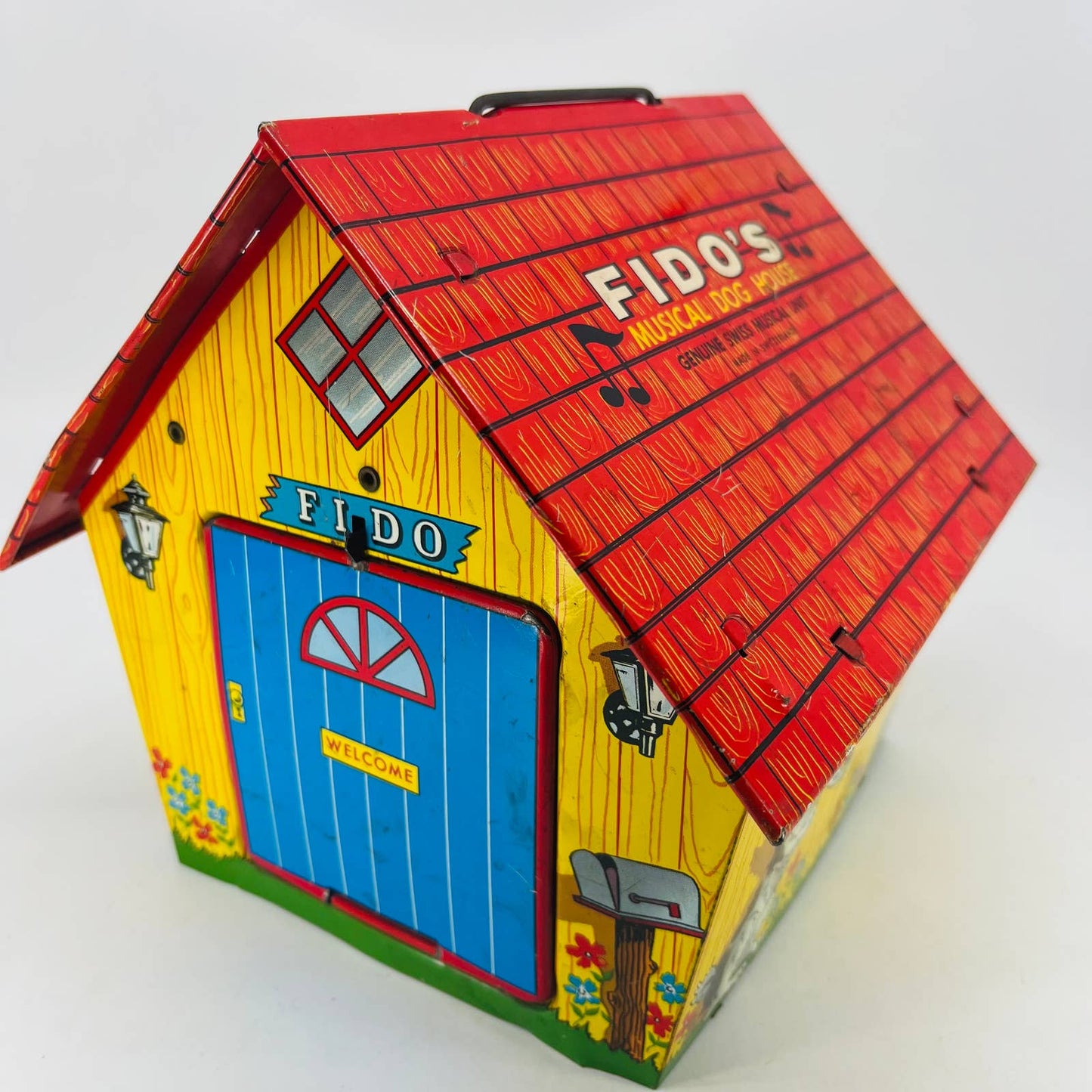 Fido’s Musical Dog House Vintage Tin Litho Wind Up Toy Ohio Art WORKS Swiss TC4