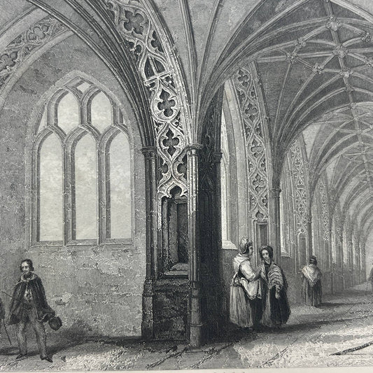 1842 Original Art Engraving Worcester Cathedral - The Cloisters AC6