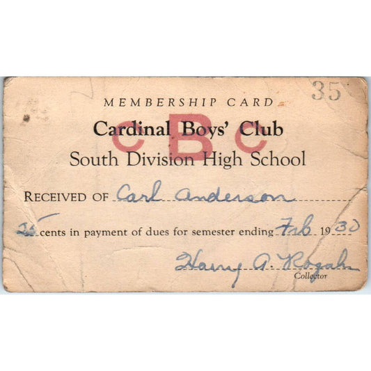 1930 Cardinal Boys' Club North Division High School Member Card Milwaukee WI SE5