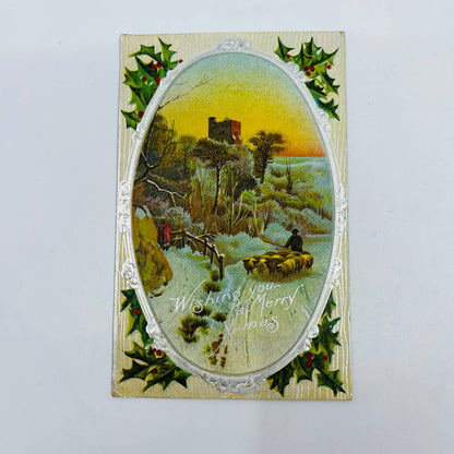 1910s Christmas Post Card Embossed Holly Silver Snow Shepard Sheep Castle PA4