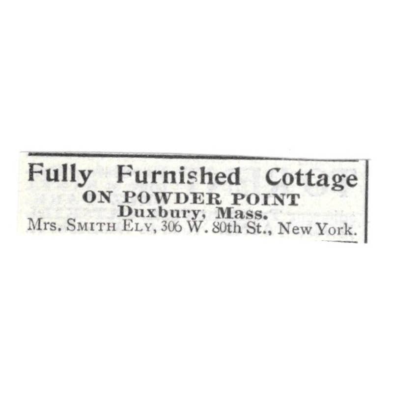 Fully Furnished Cottage Powder Point Duxbury MA Mrs. Smith - 1903 Ad TJ8-7-3