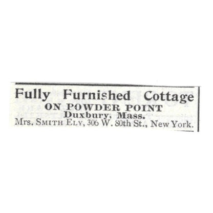 Fully Furnished Cottage Powder Point Duxbury MA Mrs. Smith - 1903 Ad AK5-S29