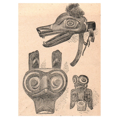 Specimen Carvings of Pacific Coast Indians 3x4" Original Engraving 1899 AK5-M28