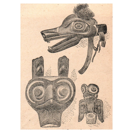 Specimen Carvings of Pacific Coast Indians 3x4" Original Engraving 1899 AK5-M28