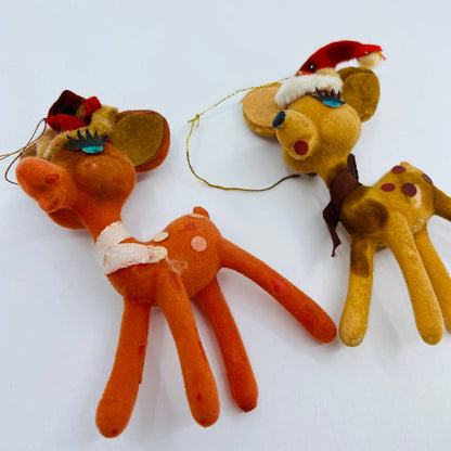 Vintage Celluloid Felt Flocked Santa Deer Christmas Tree Ornament 4" Set 2 TD2-1