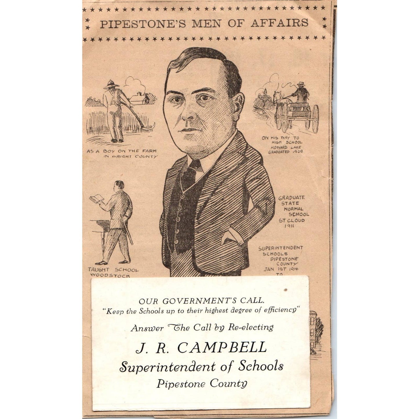 c1917 J.R. Campbell Superintendent Pipestone MN Political Article & Cards SE5