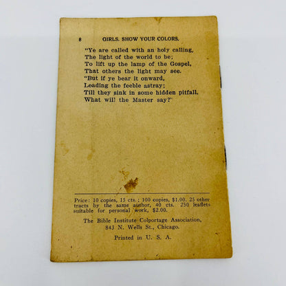 Antique Christian Tract “Girls Show Your Colors” Rev. Howard W. Pope Chicago C1