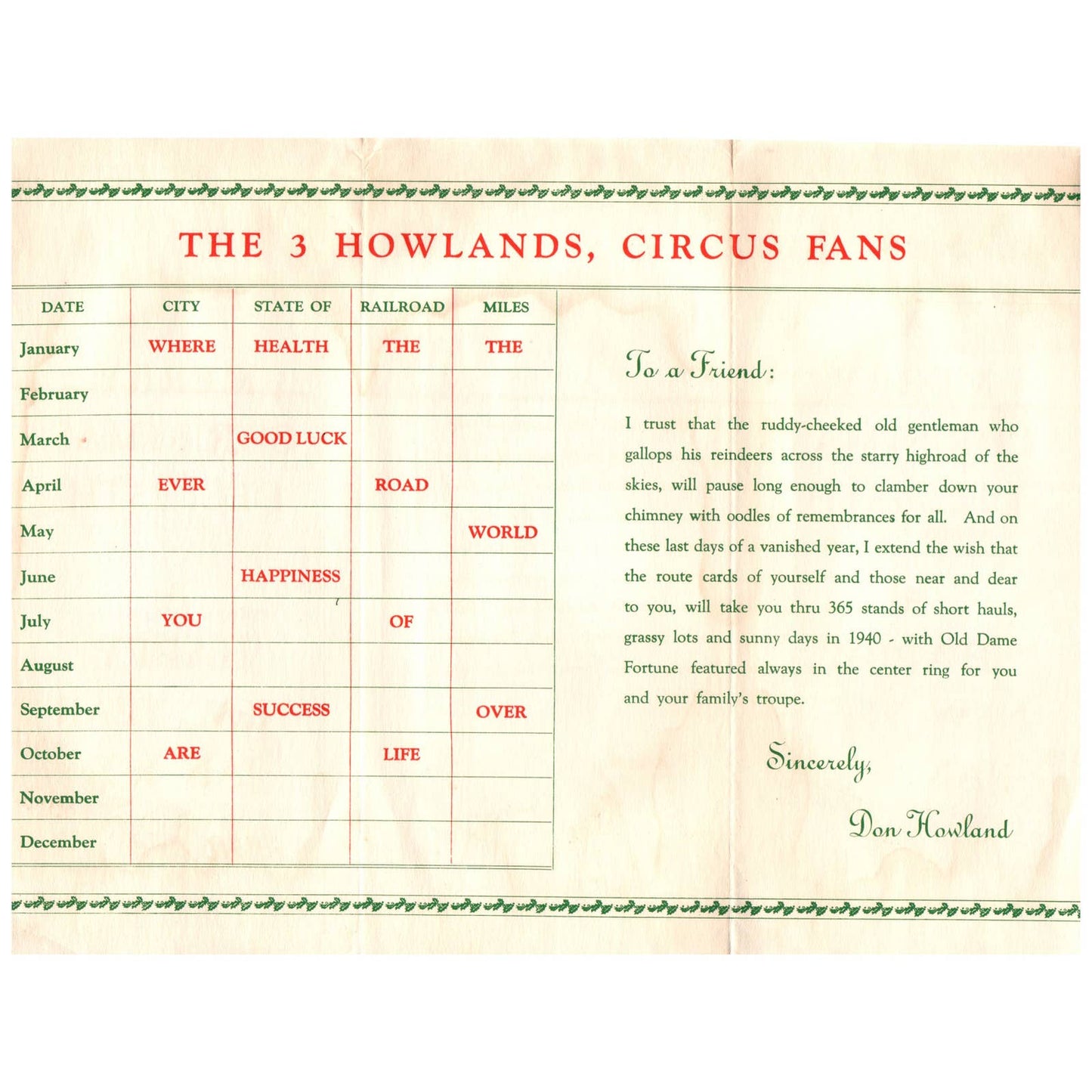 1939 The 3 Howlands Circus Official Route Christmas Card Brochure Ohio SE4