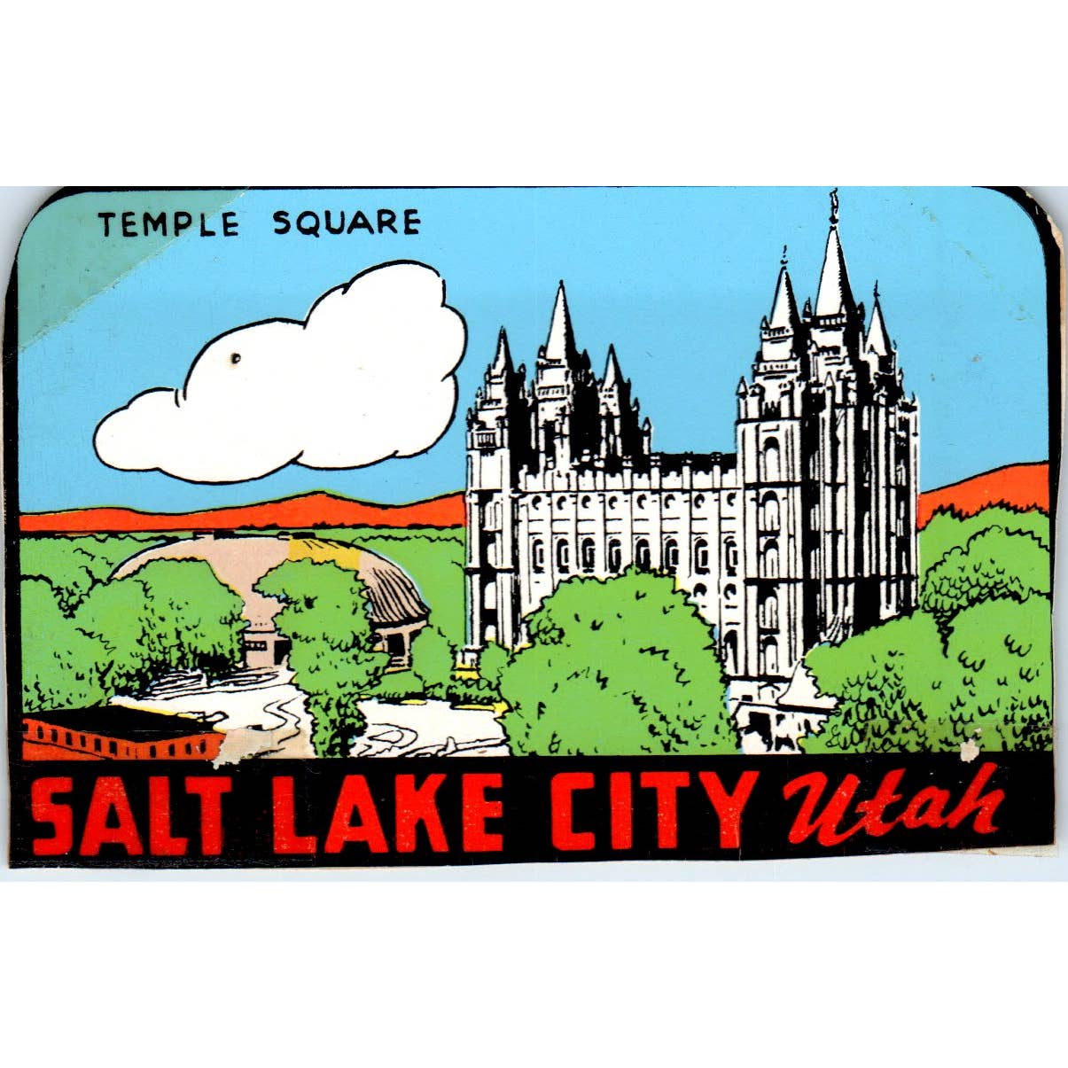 1960s Temple Square Salt Lake City Utah Souvenir Decal Sticker 2.5x4" SE5