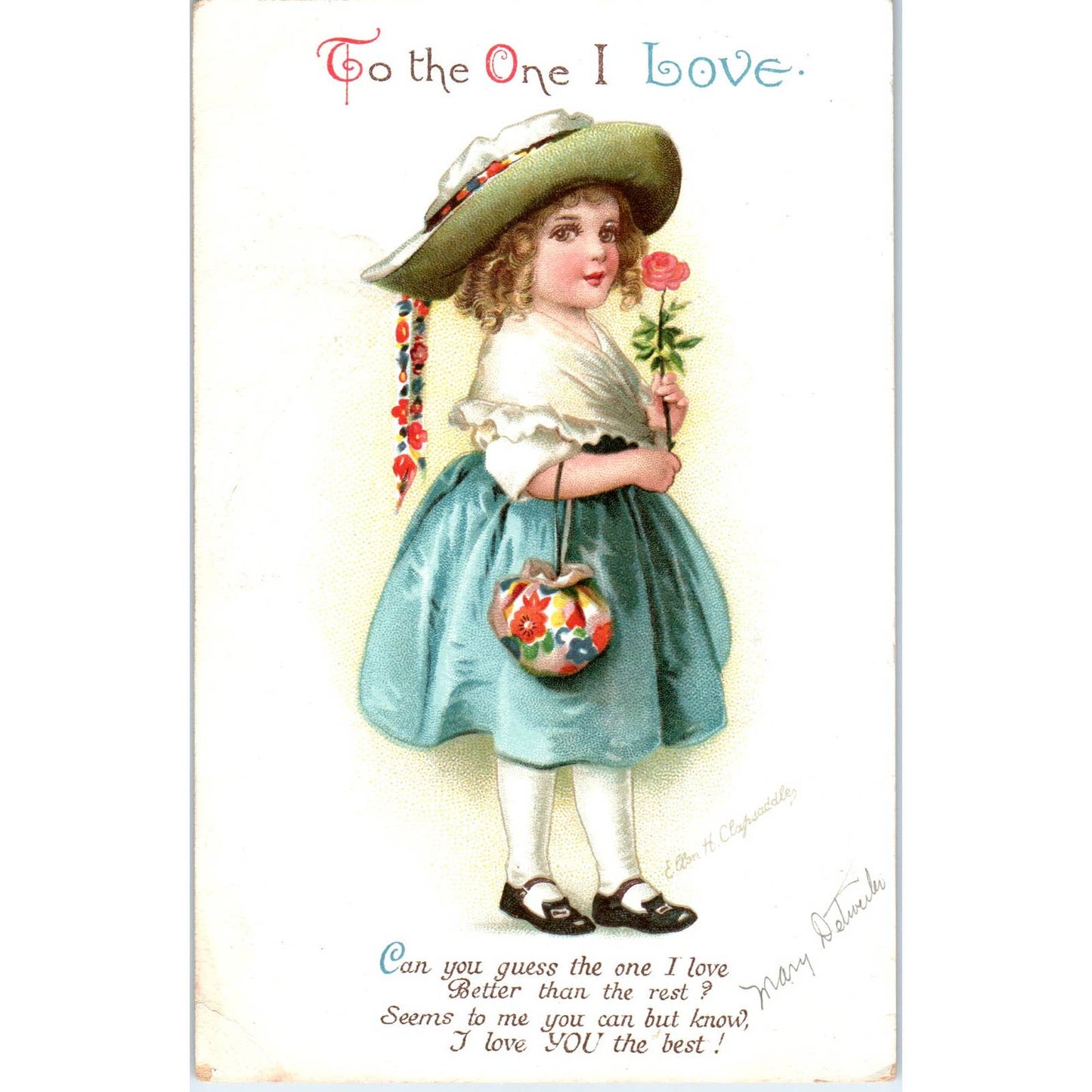 Ellen Clapsaddle Valentine Girl with Pink Rose 1924 Original Postcard TK1-28