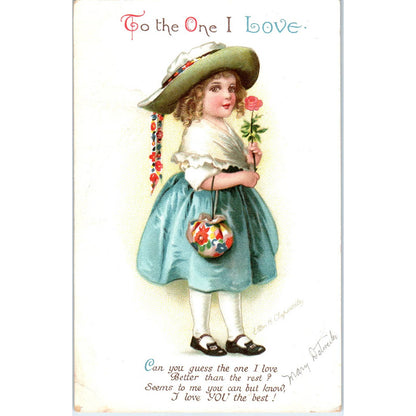 Ellen Clapsaddle Valentine Girl with Pink Rose 1924 Original Postcard TK1-28