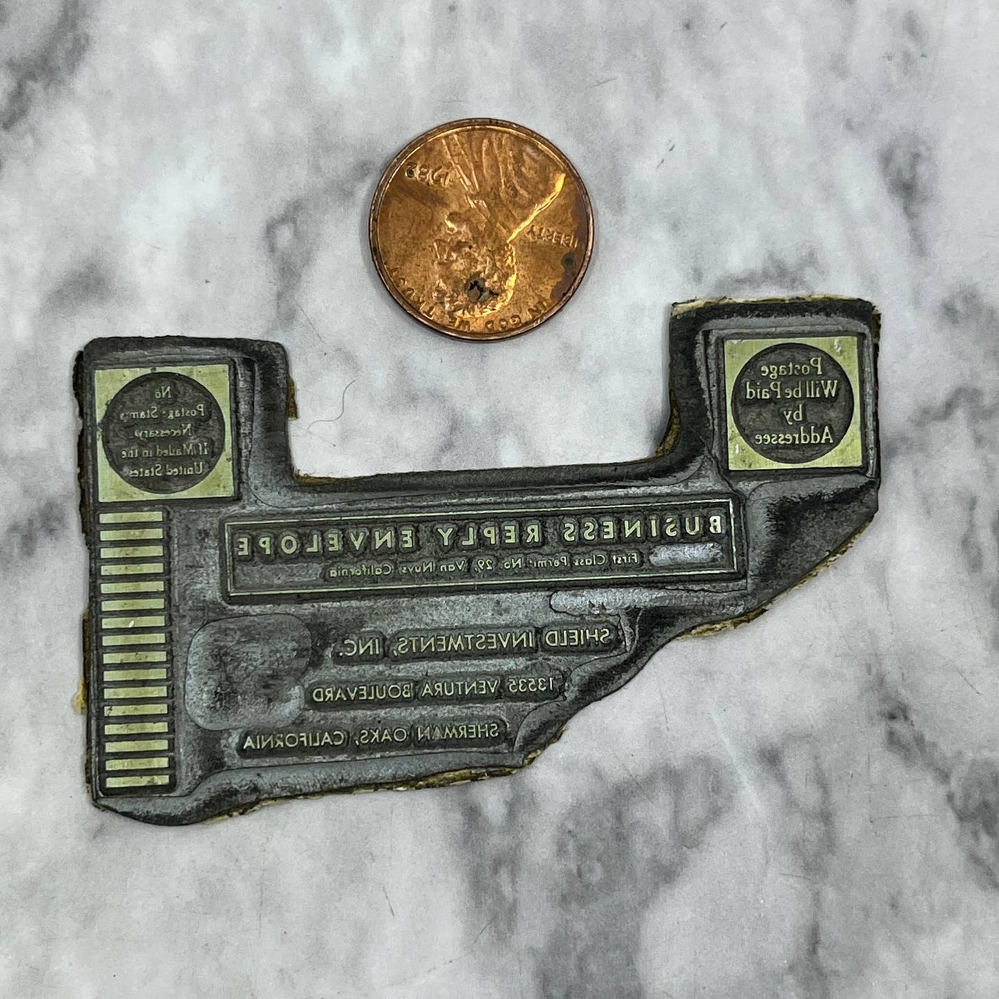 Vintage Letterpress Printers Block Plate Shield Investments Sherman Oaks CA TJ57