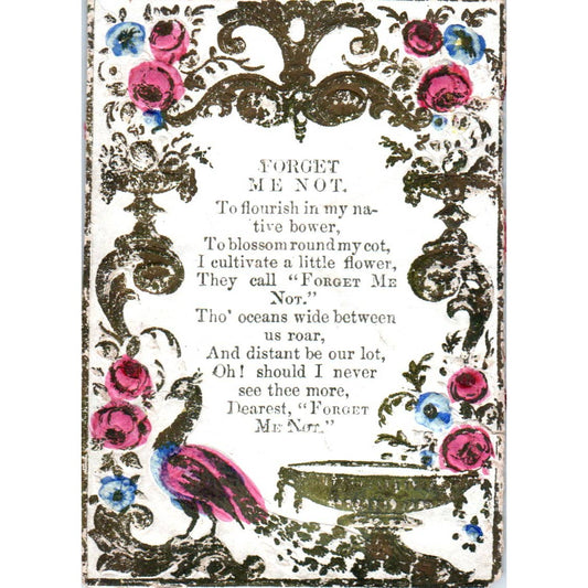 1880s Victorian Forget Me Not Poem Card Embossed Peacock Roses SE3-3