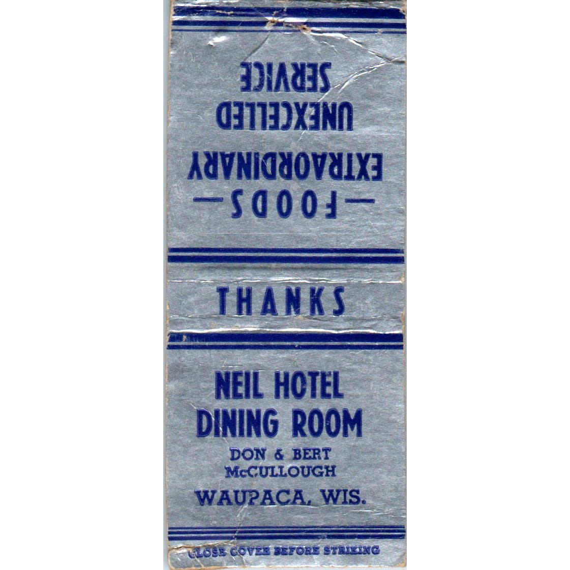 Neil Hotel Dining Room Don & Bert McCullough Waupaca WI Matchbook SA9-M1