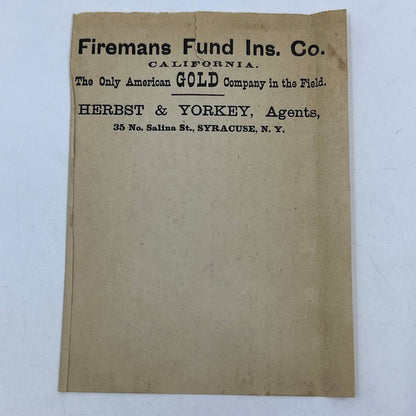 1880s Letterhead Firemans Fund Ins Co CA HERBST & YORKEY Agents SYRACUSE NY AC9