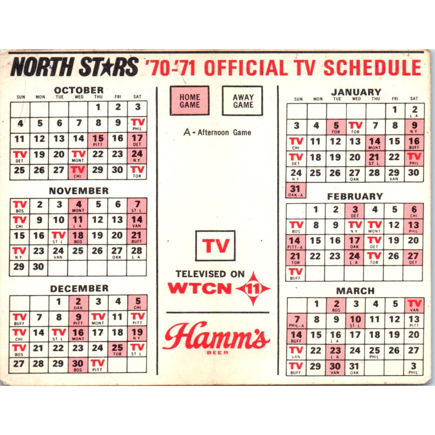 1970-71 Minnesota North Stars NHL Hockey Pocket Schedule Hamms TK1-P3
