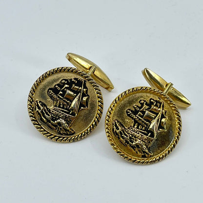 Vintage Sarah Coventry Gold Tone Clipper Ship Nautical Cufflinks Cuff Links SD2
