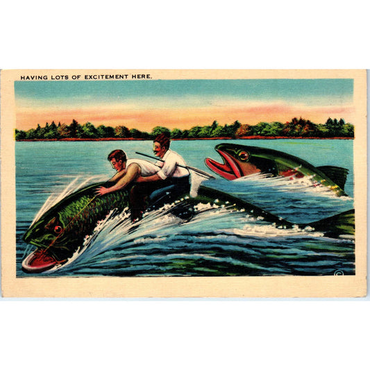 Fishing; Riding on Giant Fish 1945 - Original Postcard TJ9-P1