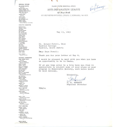 Anti-Defamation League of B'nai B'rith Letterhead MemoT.B. Sennett 1963 TK1-P8