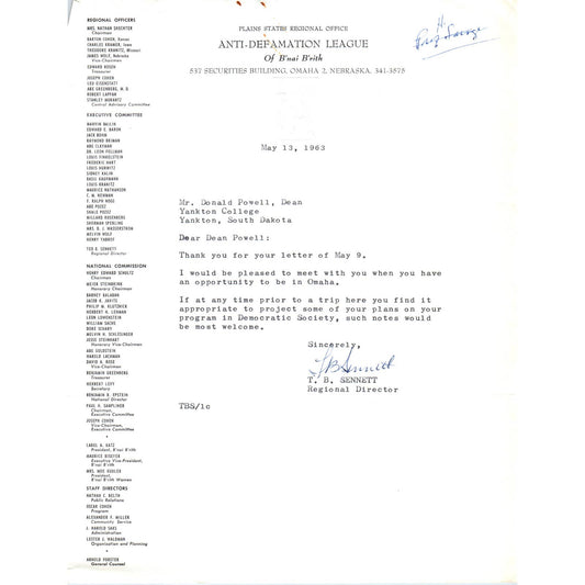 Anti-Defamation League of B'nai B'rith Letterhead MemoT.B. Sennett 1963 TK1-P8