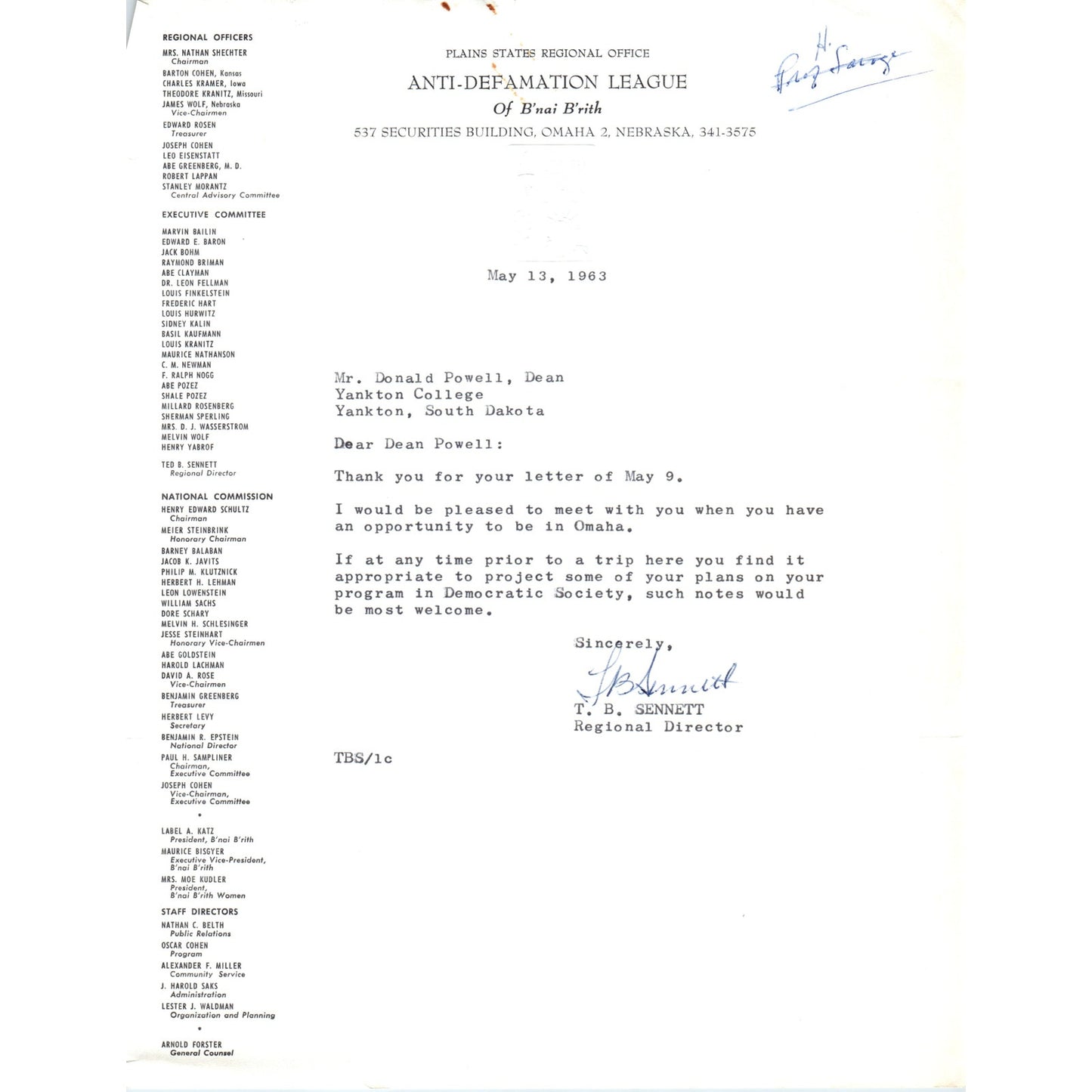 Anti-Defamation League of B'nai B'rith Letterhead MemoT.B. Sennett 1963 B13