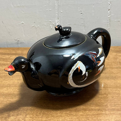 1950s Vintage Red Clay Pottery Black Duck Teapot Redware Japan 8 x 4” TG5