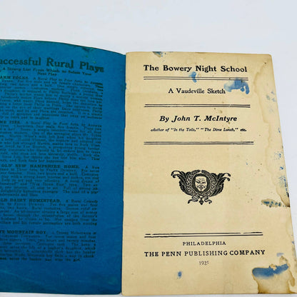 1925 The Bowery Night School A Vaudeville Sketch By John T. McIntyre TD6