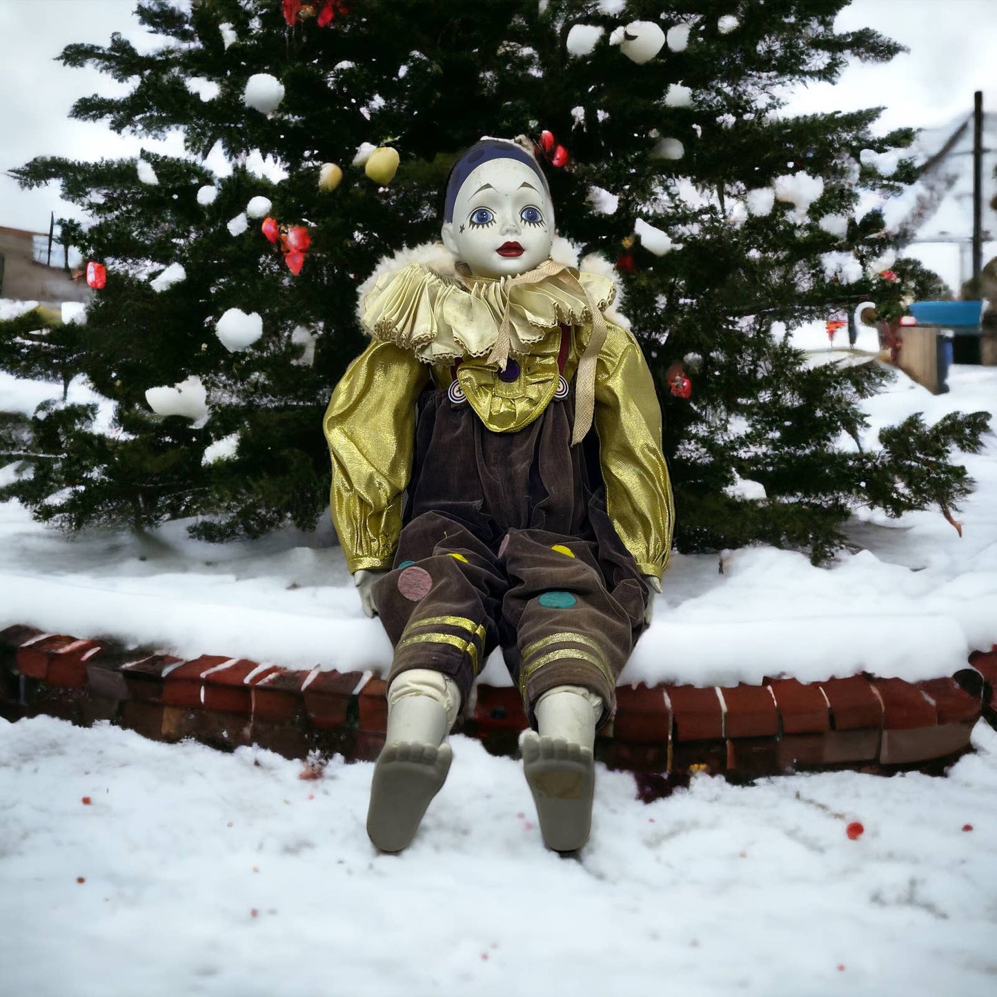 Madame Verte Large Musical Clown Pierrot Harlequin Doll Porcelain Sankyo 26”