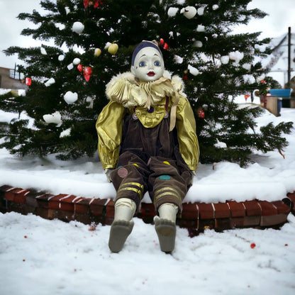 Madame Verte Large Musical Clown Pierrot Harlequin Doll Porcelain Sankyo 26”