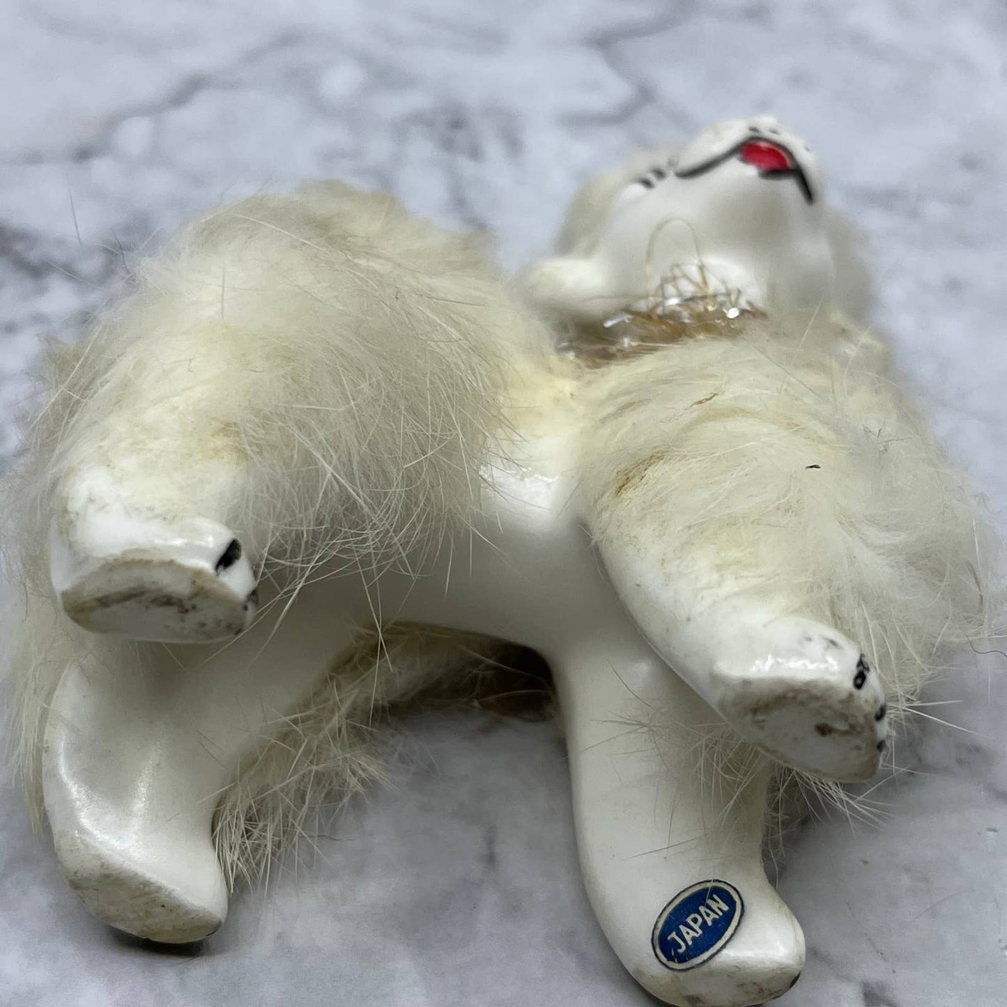 1950s MCM White Poodle Dog Figurine - Blue Glass Eyes and Fur, Japan 3x4 TJ1