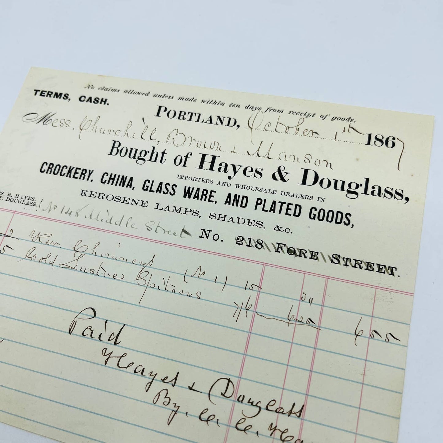 1867 Hayes & Douglass Dry Goods Portland ME Billhead Letterhead Receipt AA4