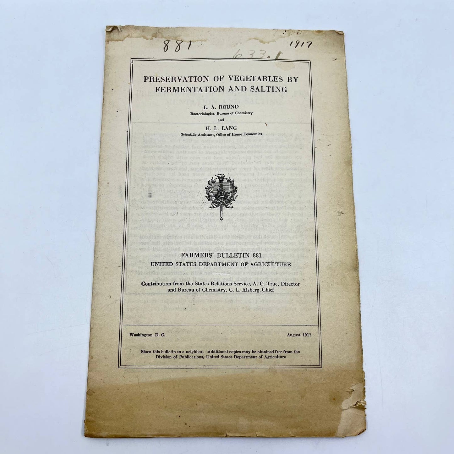 1917 Preservation of Vegetables by Fermentation & Salting Dept of Agriculture TF7