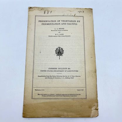 1917 Preservation of Vegetables by Fermentation & Salting Dept of Agriculture TF7