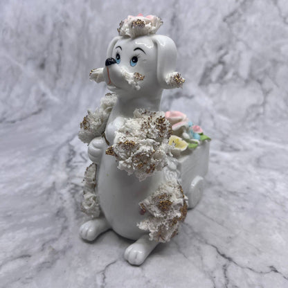1950s Pink Porcelain Spaghetti Noodle White Poodle Bone China Flowers 5x6 TI8