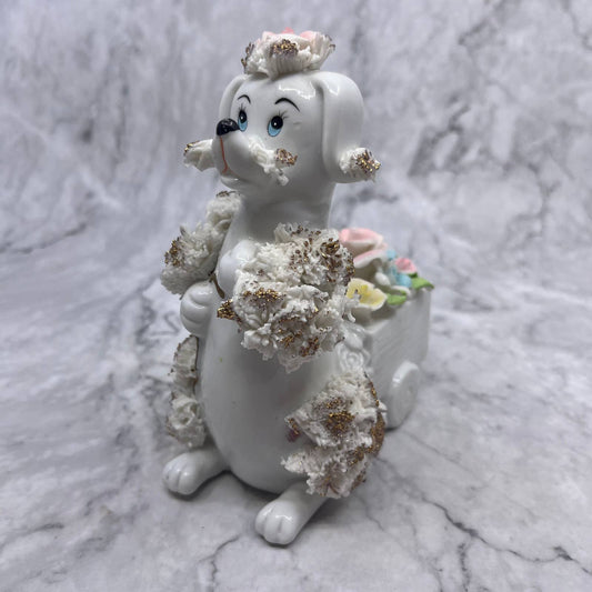 1950s Pink Porcelain Spaghetti Noodle White Poodle Bone China Flowers 5x6 TI8