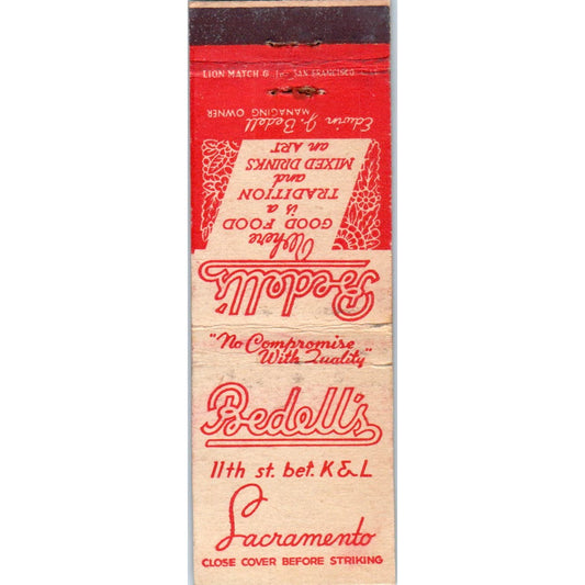 Bedell's Restaurant Sacramento CA Advertising Matchbook Cover SA9-M9