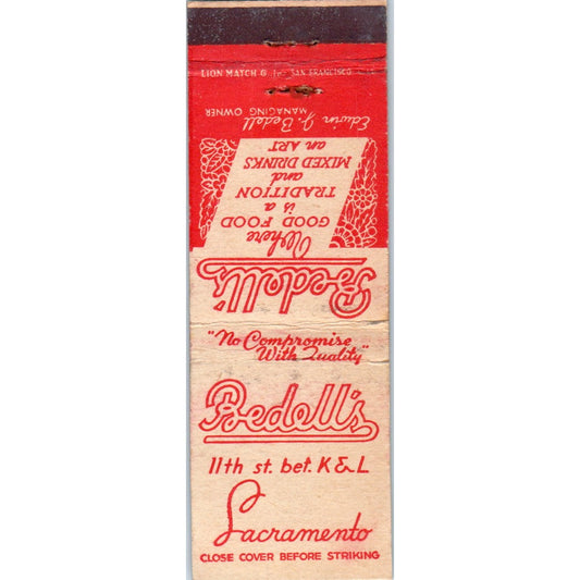 Bedell's Restaurant Sacramento CA Advertising Matchbook Cover MM9-2