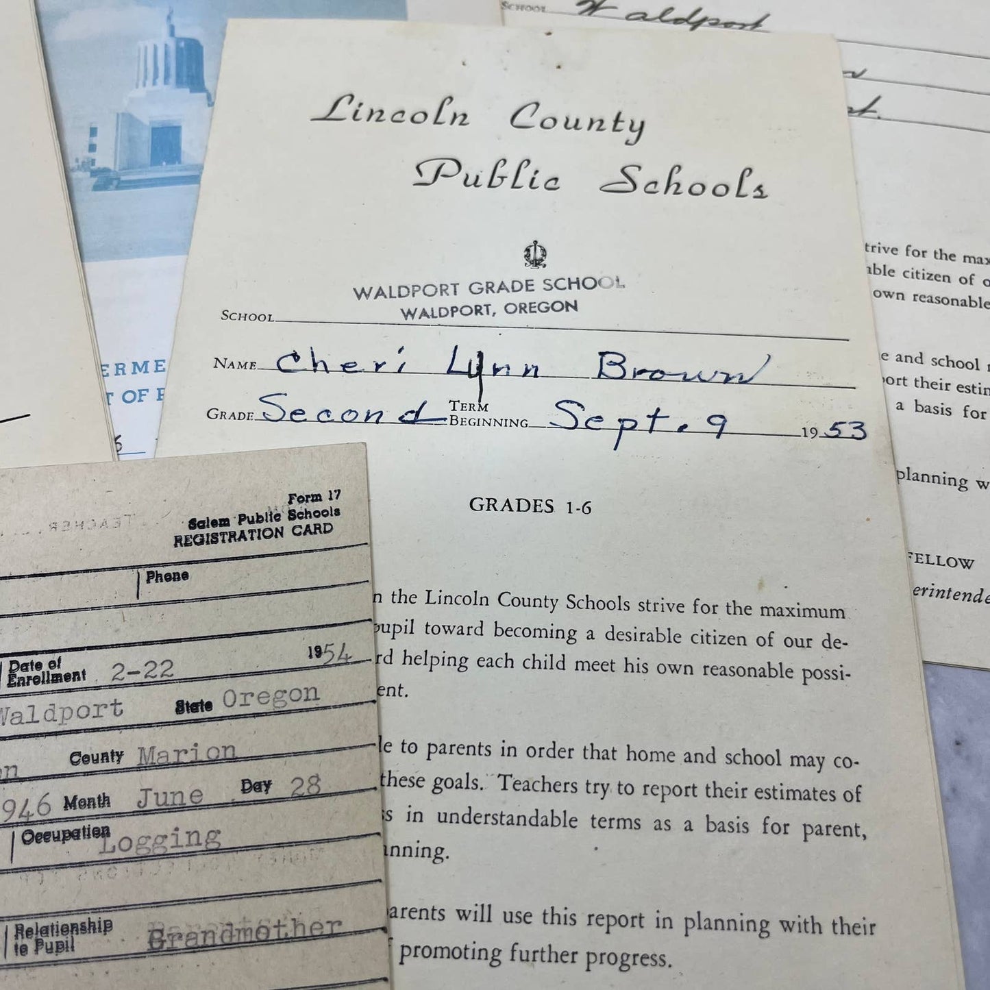 1952-58 Report Card Lot Cheri Lynn Brown Salem Waldport Lincoln County OR EA4