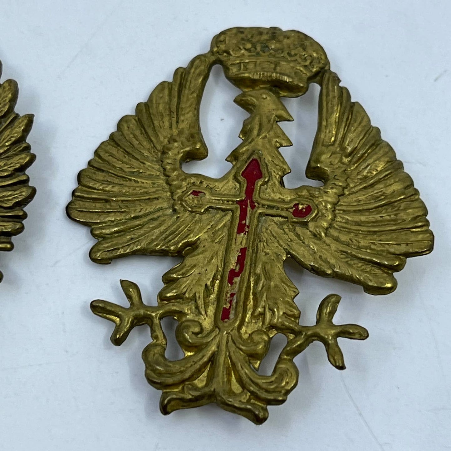 c1942 WWII Spanish Military Helmet Insignia Eagle Cross Crown Set of 2 SE1-3