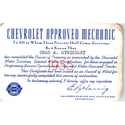 1955 Chevrolet Approved Mechanic Card - Omas A. Strickert Liberal Kansas SE4