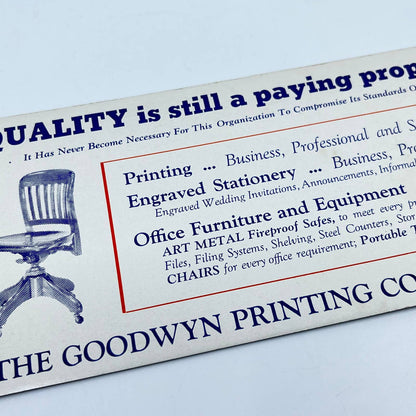 1930s Blotter Card Office Chair The Goodwyn Printing Company Saginaw MI SC9