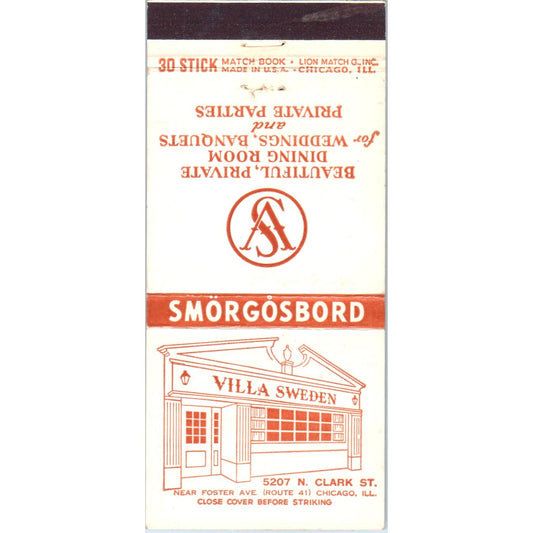 Villa Sweden Smorgasbord Chicago Advertising Matchbook Cover MM9-6