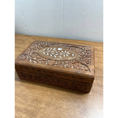 Vintage Hand Carved Teak Wood Box Jewelry Trinket Keepsake Box India 5” x 7” TH7