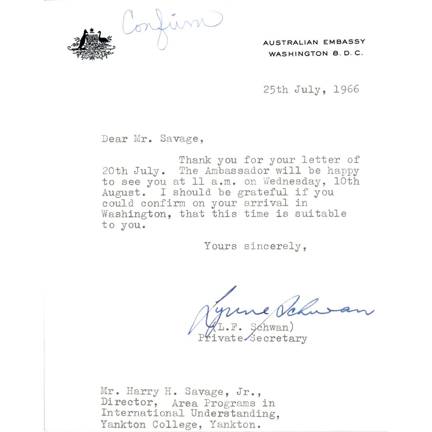 Australian Embassy Official Letterhead MemoL.F. Schwan 7/25/66 TK1-P10