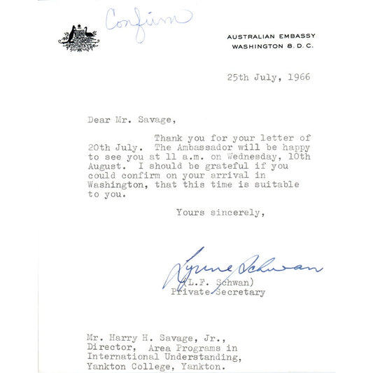 Australian Embassy Official Letterhead MemoL.F. Schwan 7/25/66 TK1-P10