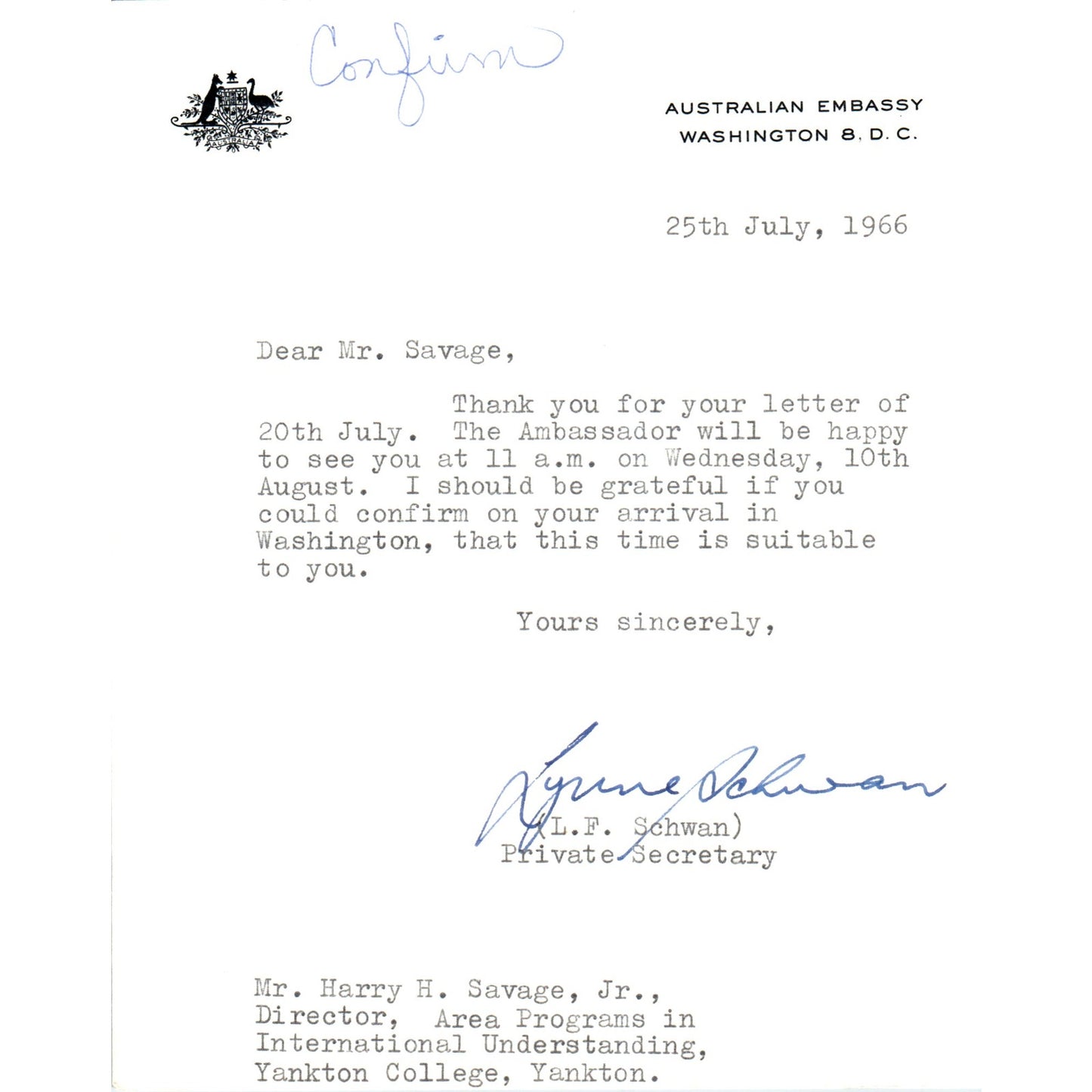 Australian Embassy Official Letterhead Memo L.F. Schwan 7/25/66 B9