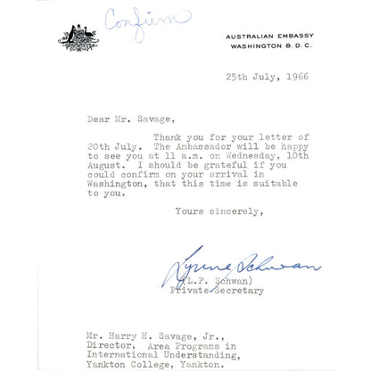 Australian Embassy Official Letterhead Memo L.F. Schwan 7/25/66 B9